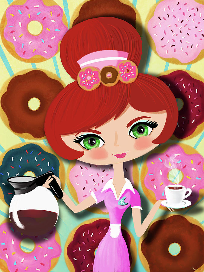 Coffee Painting - Hot Coffee And Fresh Donuts by Little Bunny Sunshine