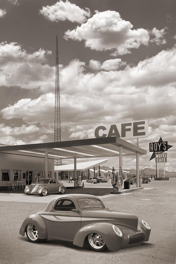 Transportation Photograph - Hot Rods at Roys Gas Station Sepia by Mike McGlothlen