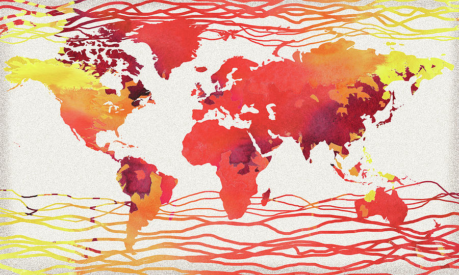 Hot Wave World Map Watercolor Painting by Irina Sztukowski