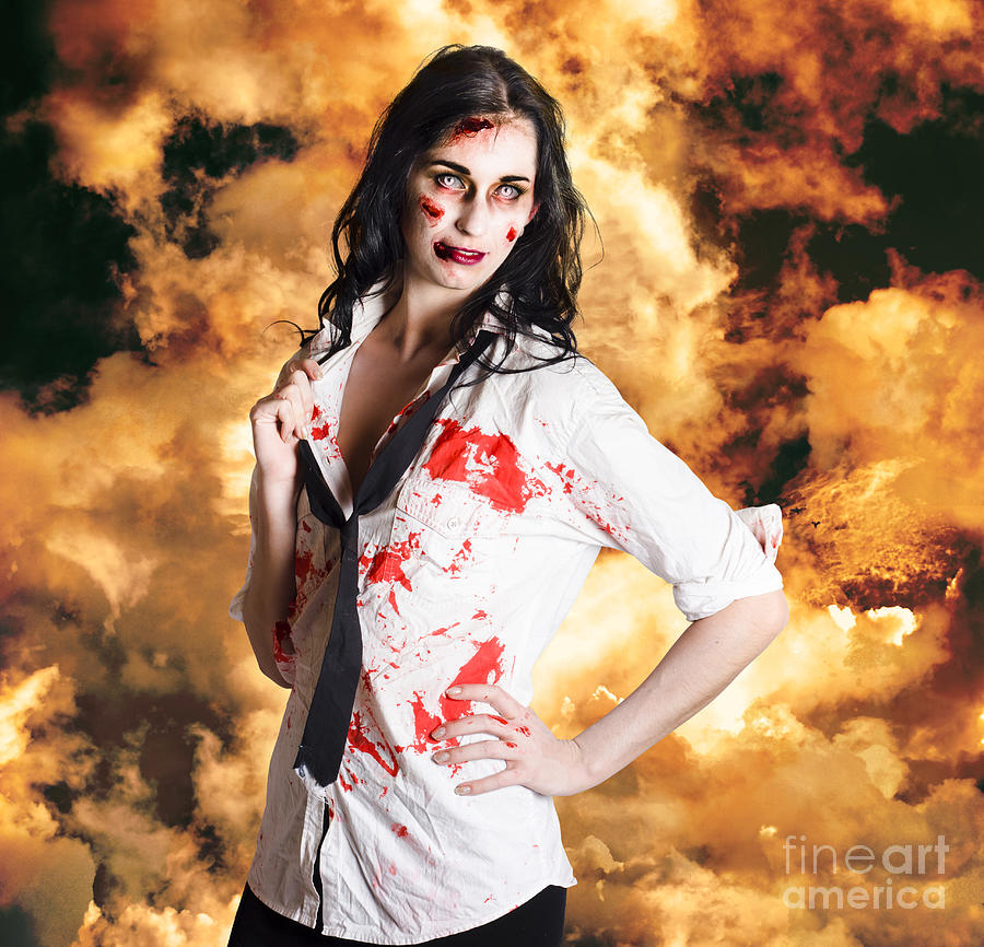 Hot zombie business woman on fire background Photograph by Jorgo Photography