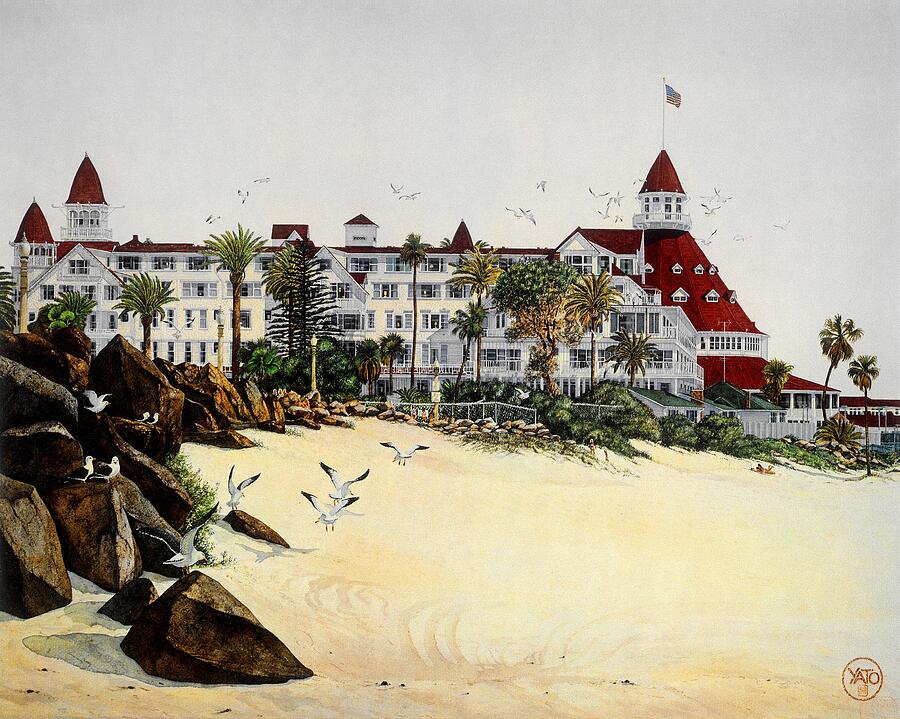 Boat Painting - Hotel Del Coronado with rocks by John YATO