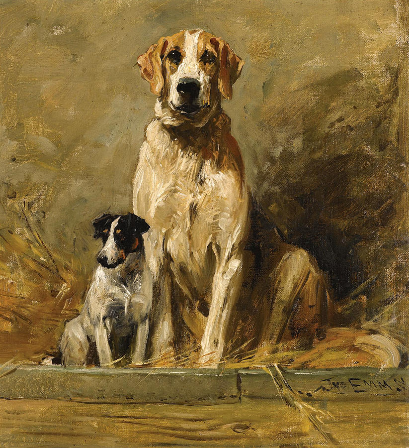 Hound and Terrier in a Kennel Painting by John Emms