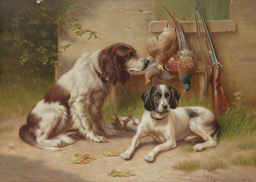 Hounds guarding dead pheasants Painting by Celestial Images