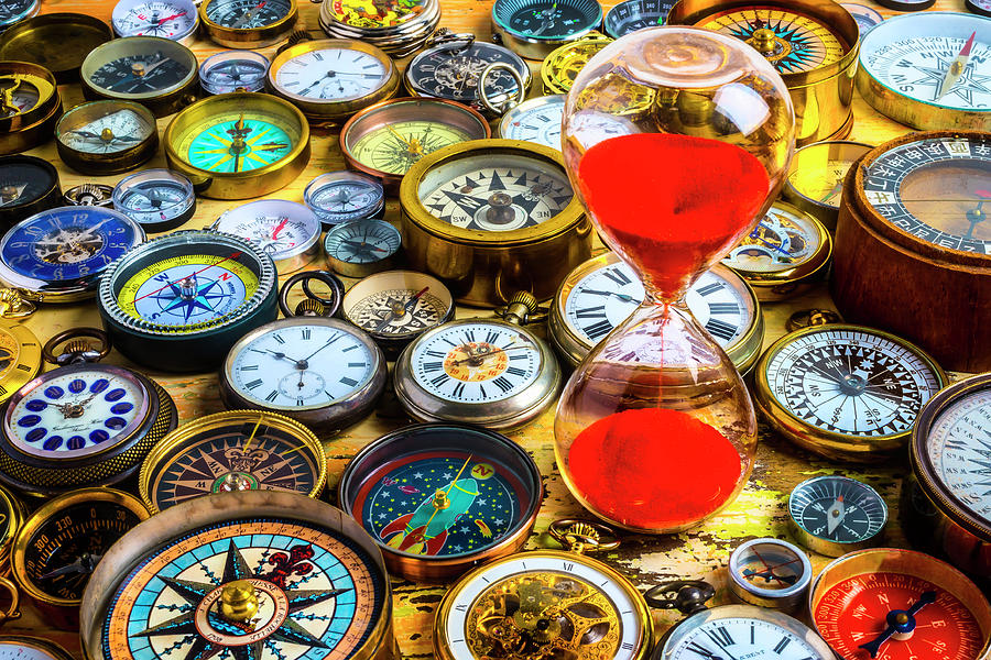Still Life Photograph - Hourglass And Watches And Compasses by Garry Gay