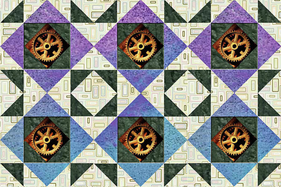 hourglass-quilt-block-with-golden-gears-and-blue-purple-and-green-triangles-painting-by-elaine