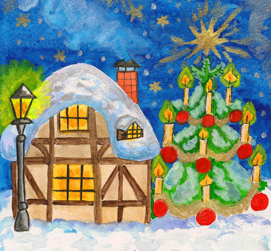House and Christmas tree, hand painted Christmas picture Painting by Irina Afonskaya