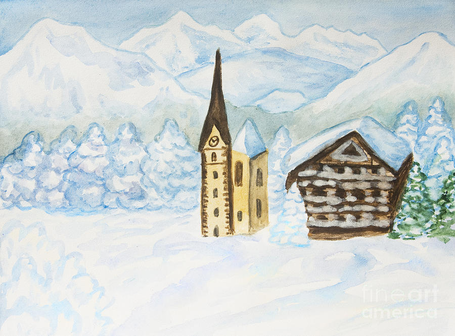 House and church in winter hills Painting by Irina Afonskaya