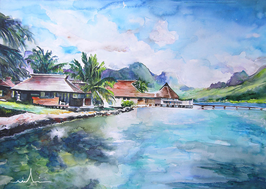 House by The Lagoon in French Polynesia Painting by Miki De Goodaboom