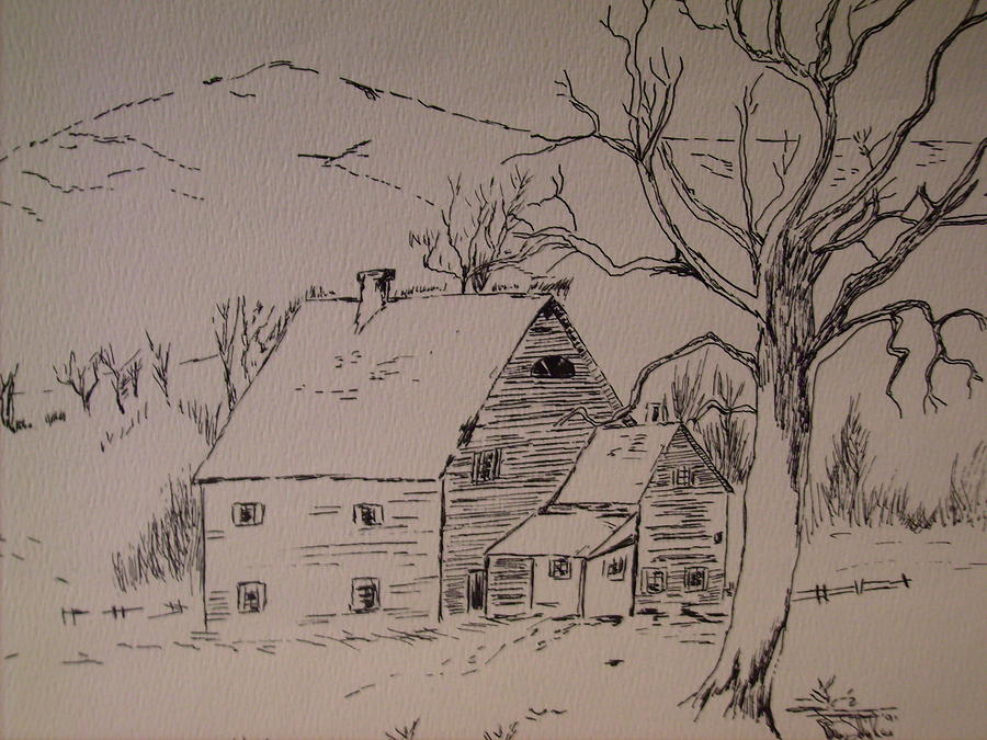 Landscape Drawing - House In Snow by Karen Salley-Rice Landscape Drawing - House In Snow by Karen Salley-Rice