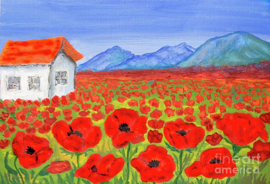 House on meadow with red poppies, painting Painting by Irina Afonskaya