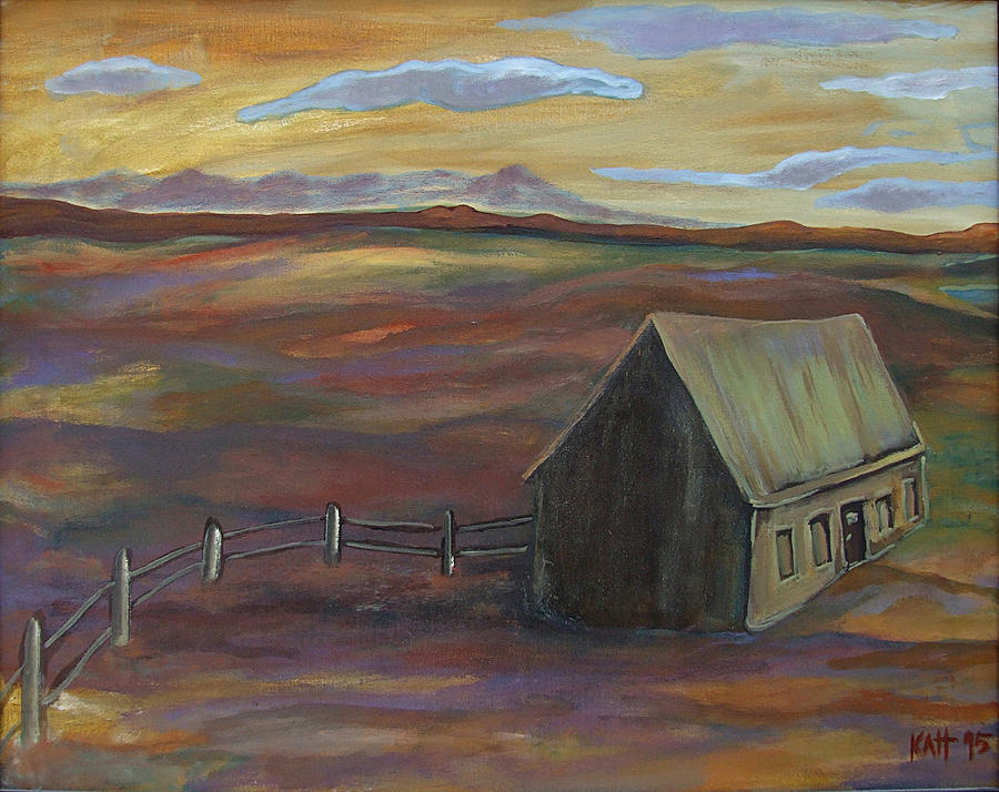 House with Fence and Sky Painting by Katt Yanda