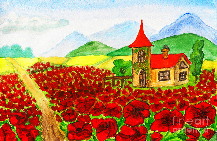 House with red poppies Painting by Irina Afonskaya