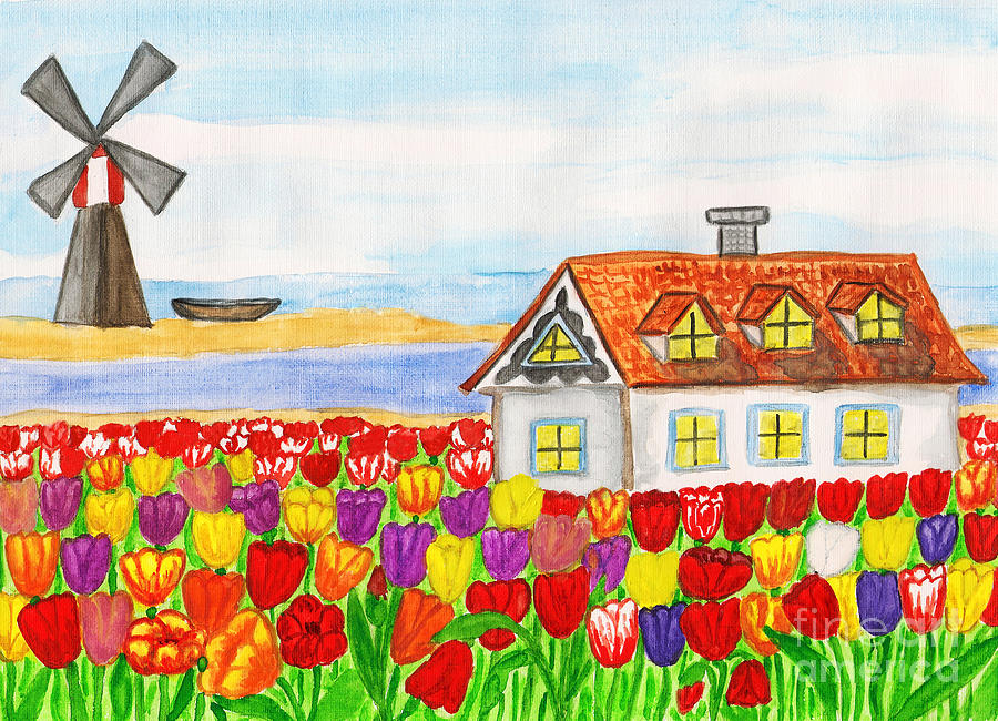 House with tulips  in Holland painting Painting by Irina Afonskaya