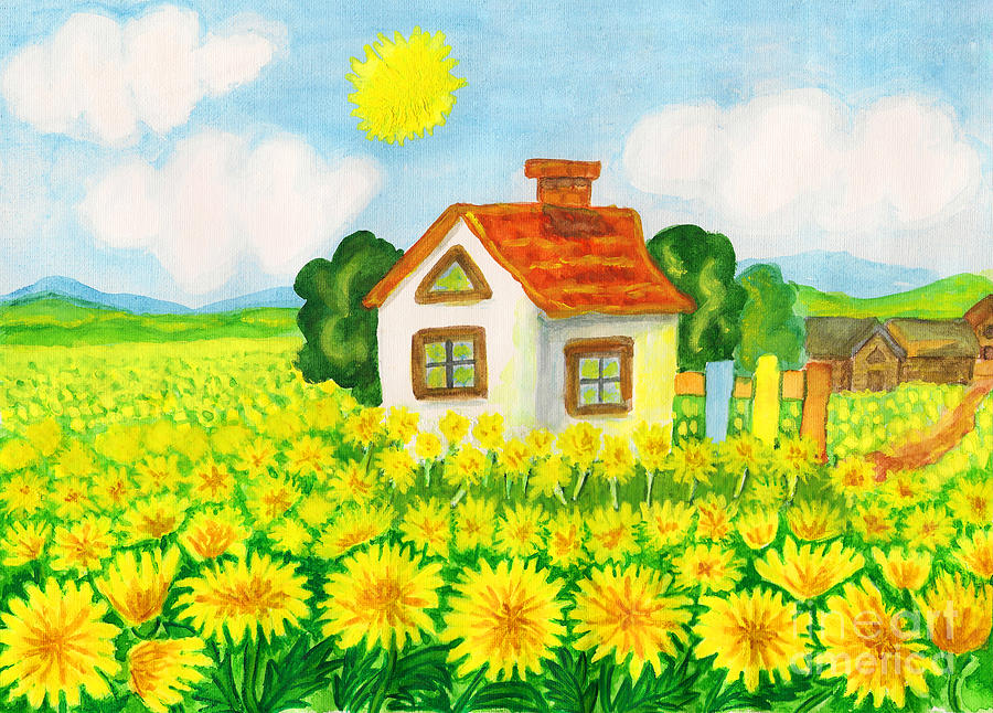 House with yellow dandelions Painting by Irina Afonskaya