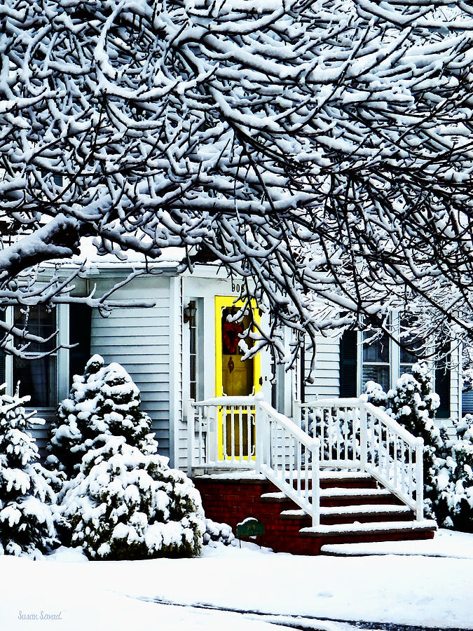 House With Yellow Door in Winter Photograph by Susan Savad