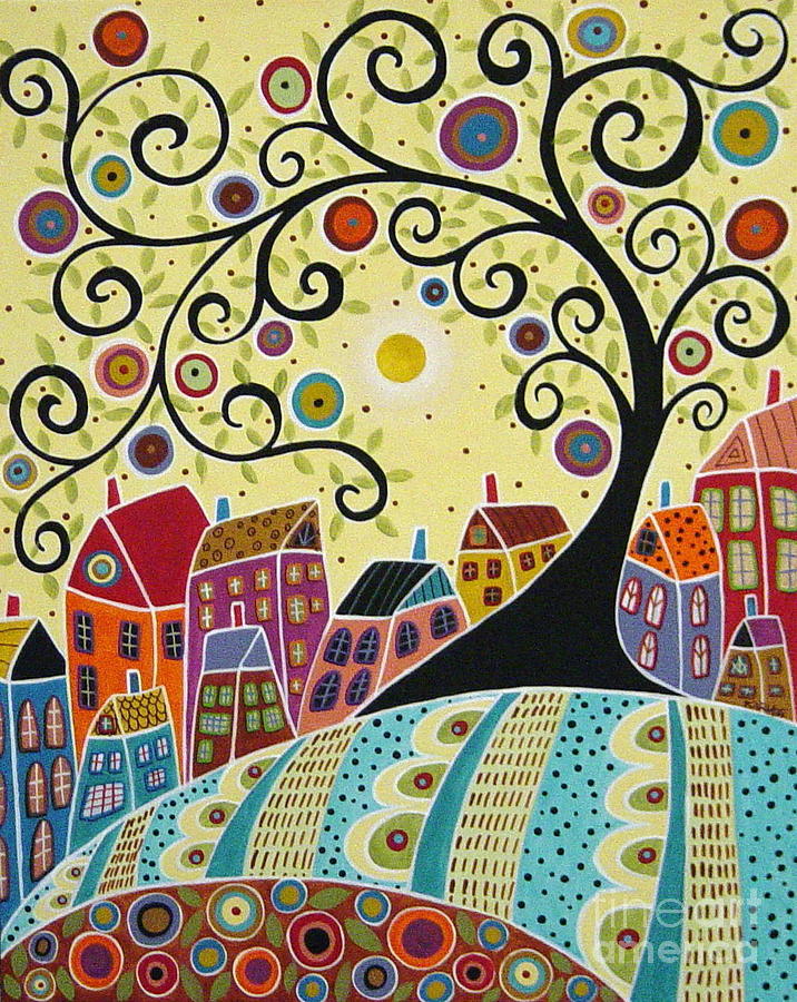 Abstract Painting - Houses and a Swirl Tree by Karla Gerard