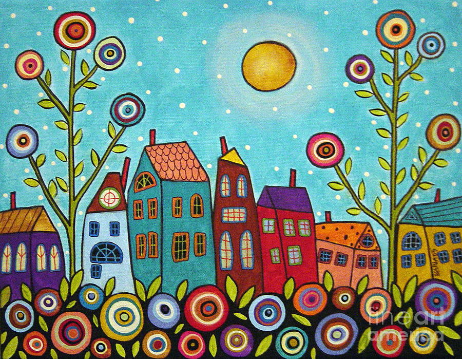 Flower Painting - Houses Blooms And A Moon by Karla Gerard