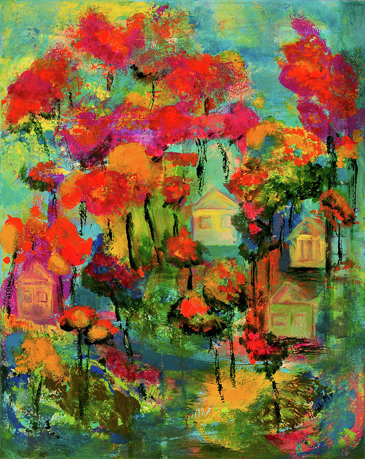 Houses In Forest Painting by Haleh Mahbod
