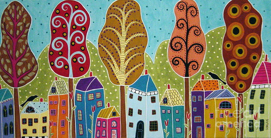 Houses Trees Folk Art Abstract by Karla Gerard