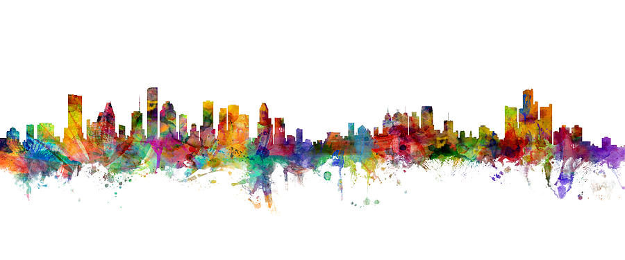 Detroit Digital Art - Houston Detroit Skylines Mashup by Michael Tompsett