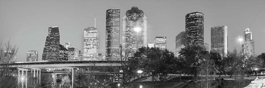 Houston Texans Photograph - Houston Skyline at Dusk in Black and White - Panoramic Cityscape Image by Gregory Ballos