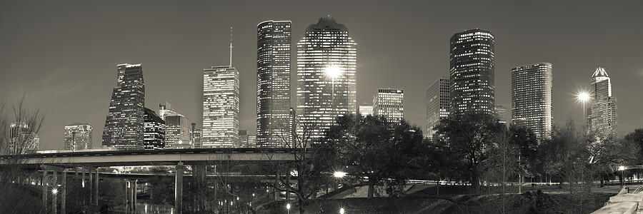 Houston Skyline at Dusk in Sepia - Panoramic Cityscape Photograph by Gregory Ballos