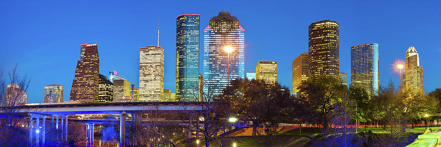 Houston Texans Photograph - Houston Skyline at Dusk - Panoramic Cityscape by Gregory Ballos