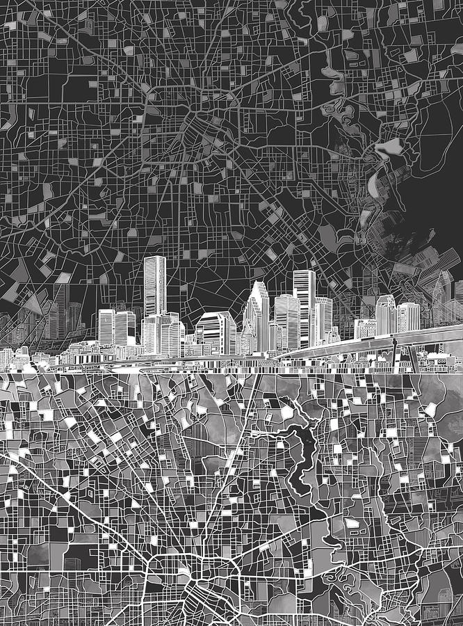 Houston Skyline Map Black And White Painting by Bekim M