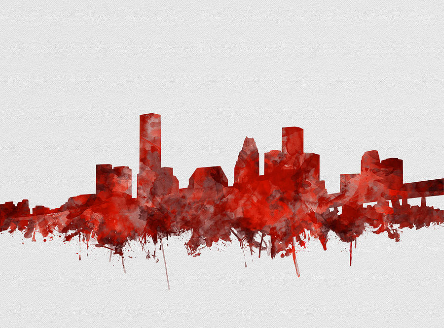 Houston Skyline Watercolor Red Painting by Bekim M