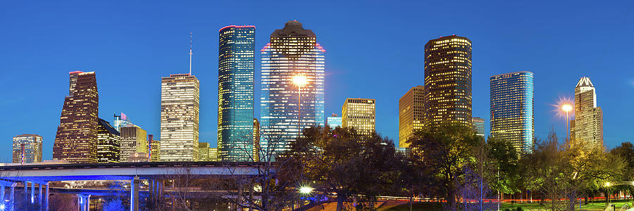 Houston Skyline Photograph - Houston Texas Skyline at Dusk - Panoramic Cityscape Image by Gregory Ballos