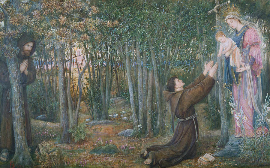 How the Virgin Came to Brother Conrad in Offia and Laid her Son in his Arms Painting by Marie Spartali Stillman