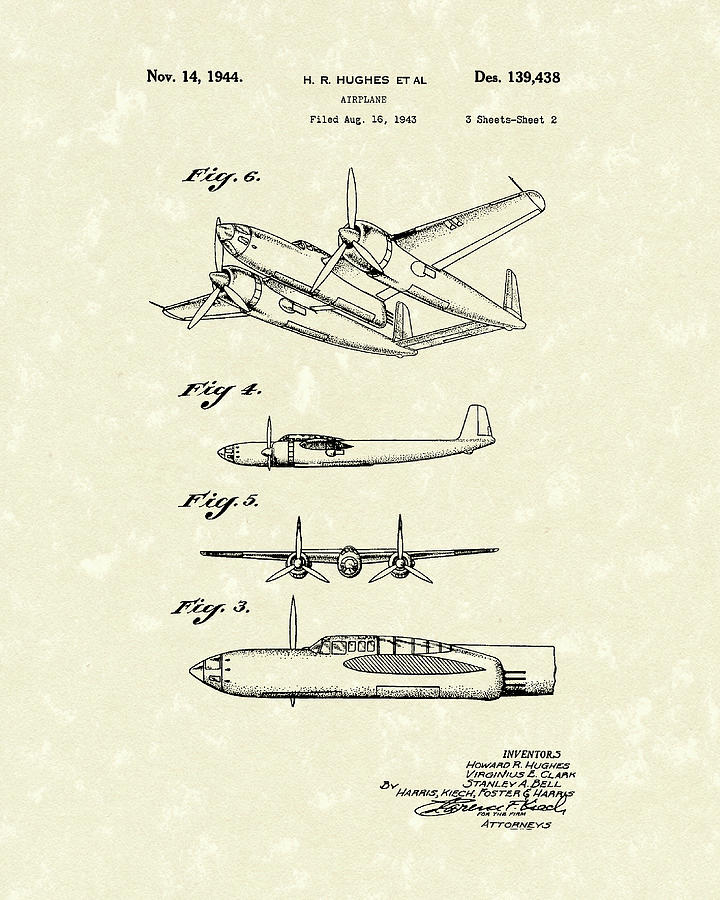 Airplane Drawing - Howard Hughes Airplane 1944 Patent Art  by Prior Art Design