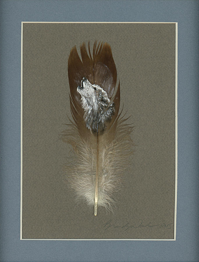 Wolf Painting - Howling Grey Wolf Painted Feather by Brandy Woods