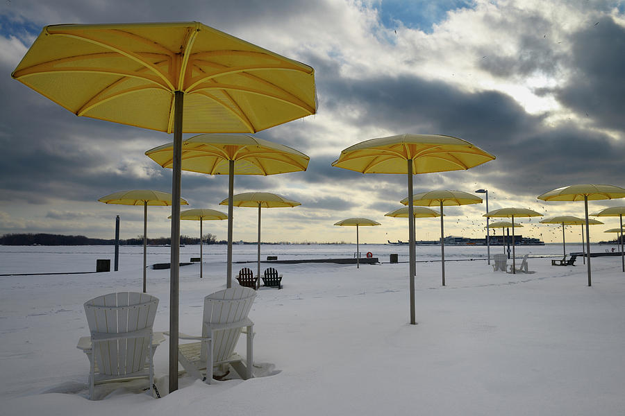 Hto Park Beach Umbrellas And Muskoka Chairs In Winter With Snow