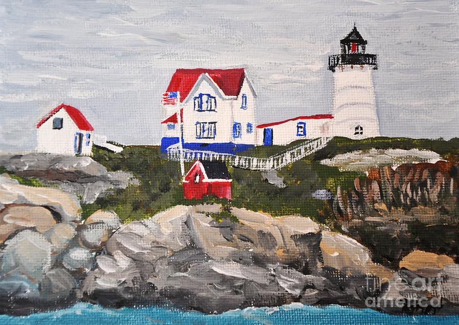 Nubble Lighthouse Painting by Reb Frost