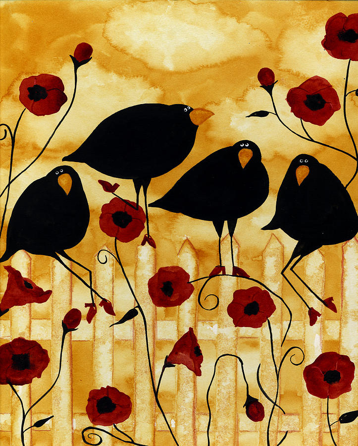 Crow Painting - Hubbs Art Folk Prints Crow Blackbirds Birds Floral Flowers Poppy Poppies Garden by Debi Hubbs