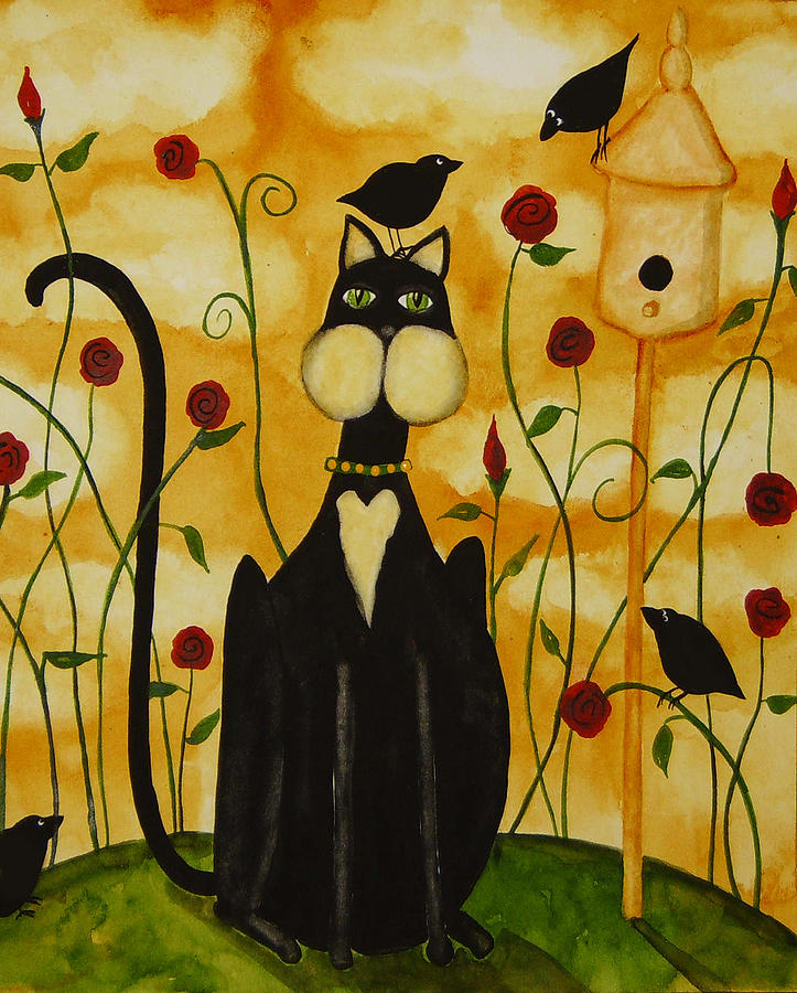 Crow Painting - Hubbs Art Folk Prints Whimsical Birds Crow Blackbirds Cat Flowers Floral Roses  by Debi Hubbs