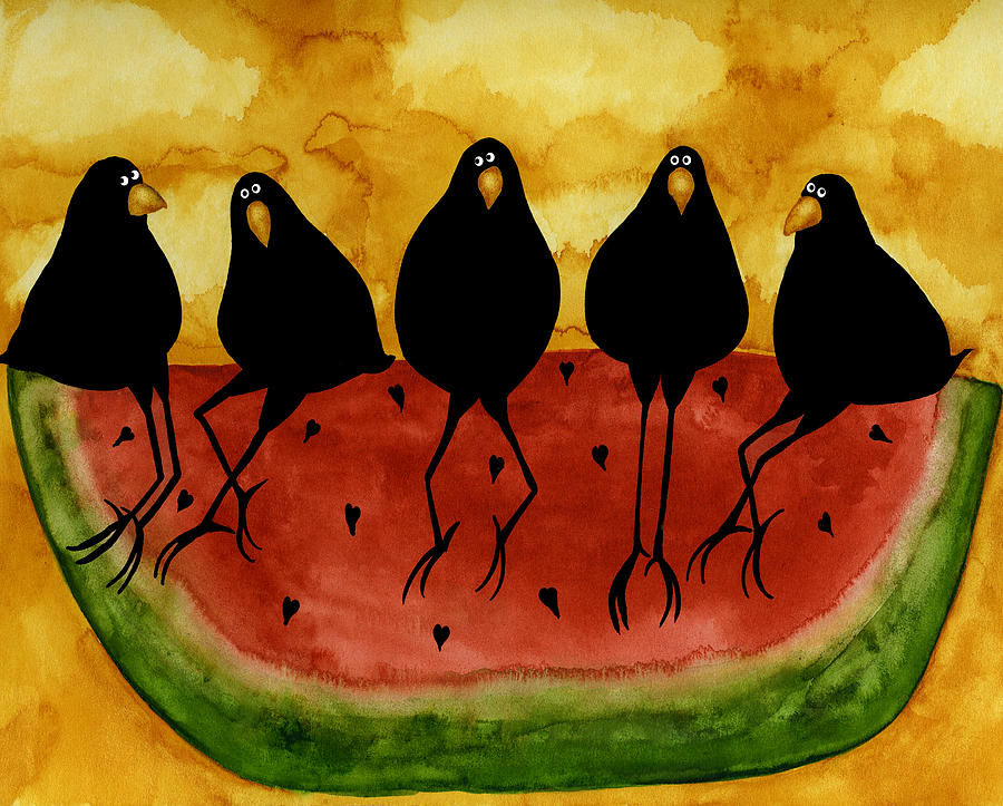Hubbs Art Folk Prints Whimsical Funny Bird Crow Blackbirds Picnic  Watermelon Painting by Debi Hubbs - Fine Art America