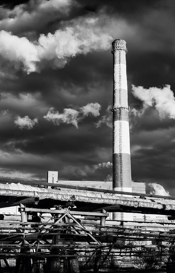 Huge Industrial Chimney And Smoke In Black And White Photograph