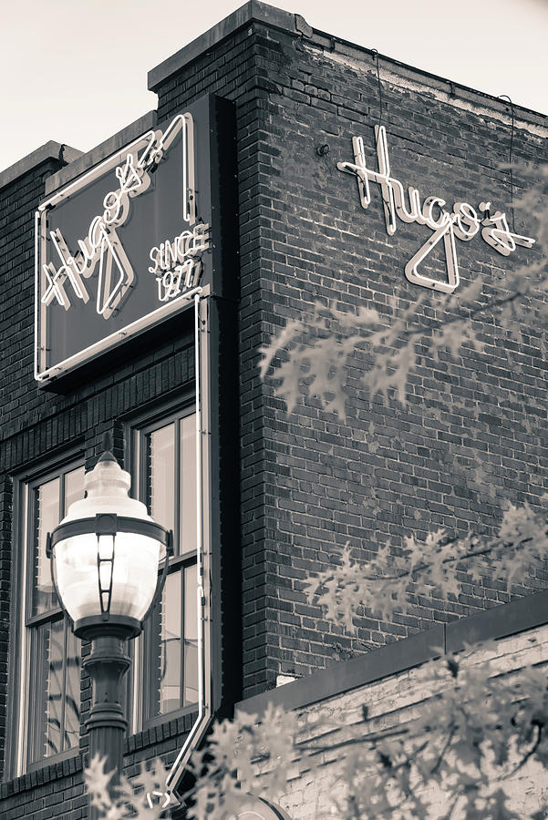 Black And White Photograph - Hugos Since 1977 - Fayetteville Arkansas - Monochrome by Gregory Ballos