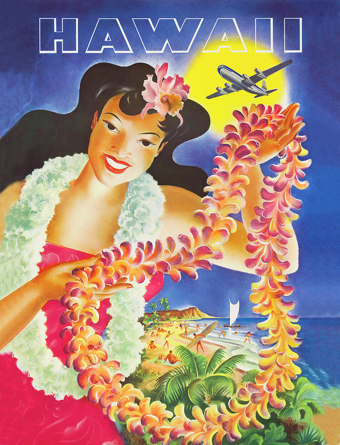 Hula Girl with exotic flower wreath, airline vintage poster Painting by Long Shot