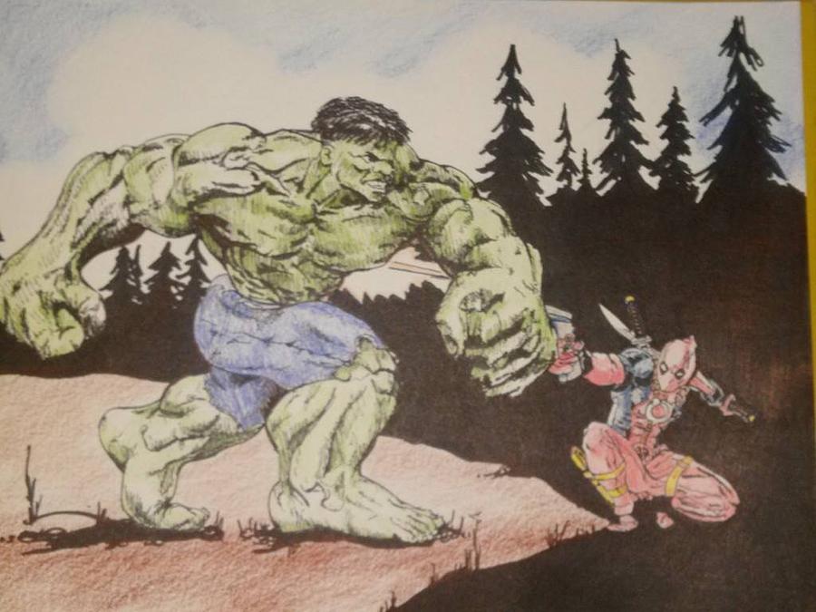 Hulk Deadpool Drawing by Joe Welling  IV