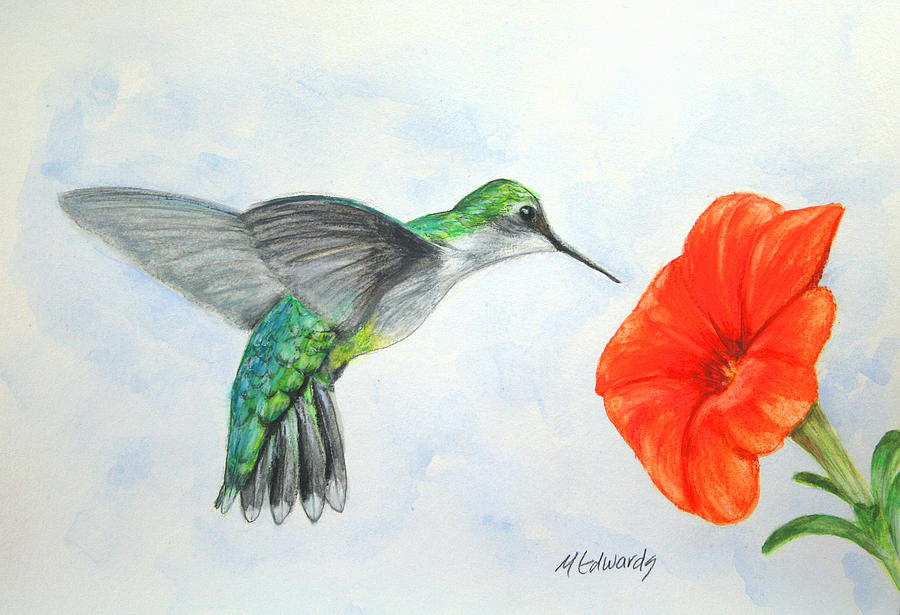 Hummer with Orange Bloom Painting by Marna Edwards Flavell