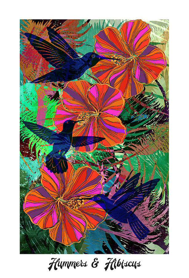HUMMERS and HIBISCUS 24X16 Digital Art by Sandra Selle Rodriguez