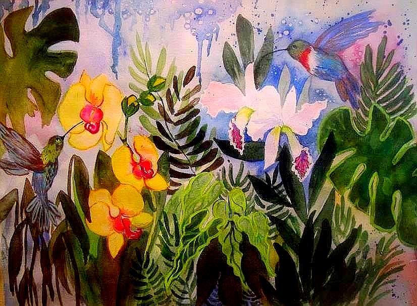 Hummers and Orchids Painting by Esther Woods