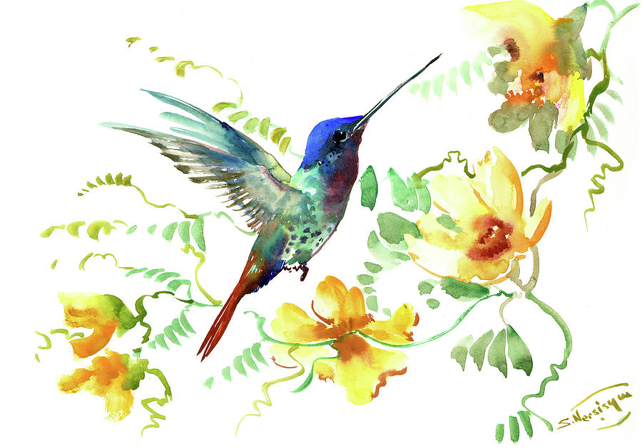 Hummibgbird and Yellow Flowers Painting by Suren Nersisyan