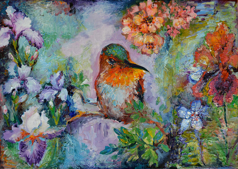 Hummingbird Around Iris and Chery Tree Flowers Textured Painting by Soos Roxana Gabriela Art Print Painting by Soos Roxana Gabriela
