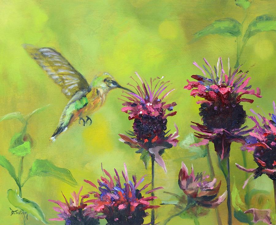 Hummingbird Painting - Hummingbird and Bee Balm by Donna Tuten