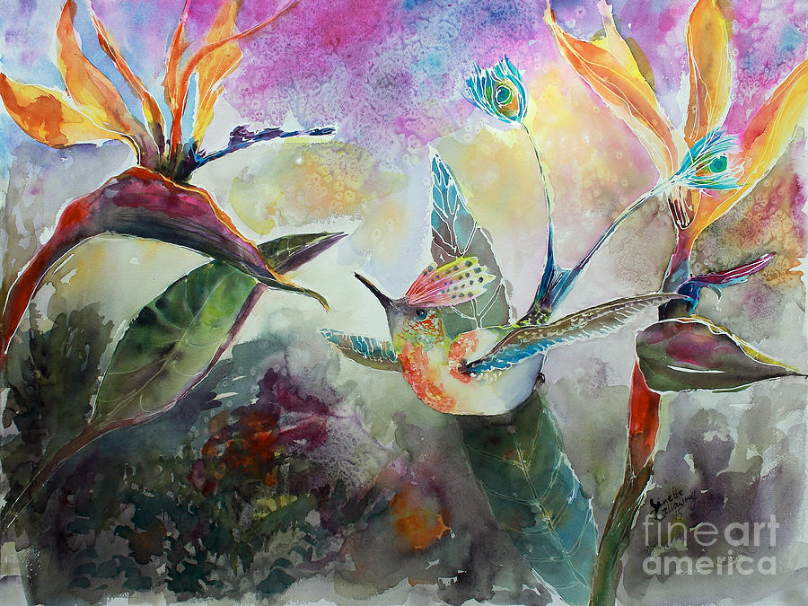 Hummingbird and Birds of Paradise Tropical Watercolor Painting by Ginette Callaway