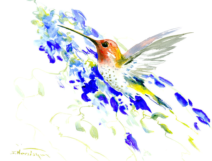 Hummingbird and Blue Flowers Painting by Suren Nersisyan